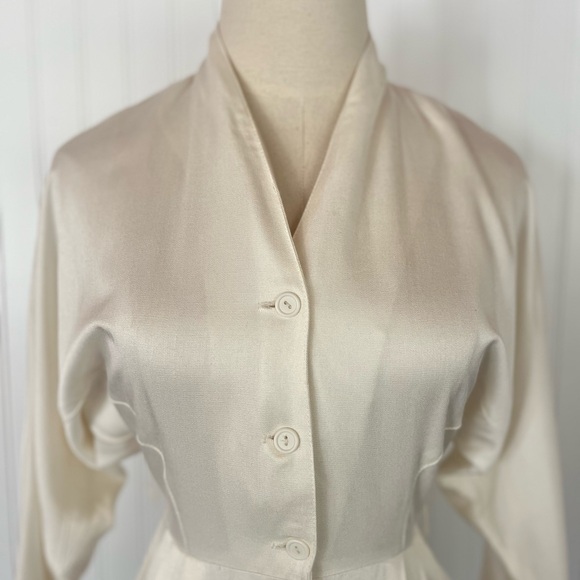 Vintage Cream Button Front Midi Dress Size XS Dolman Batwing Sleeves Tailored - Picture 3 of 16